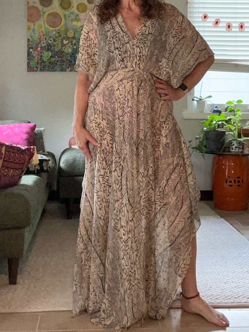 Pookie & Sebastian Women's Beige Printed Maxi Dress with Gold Detail
